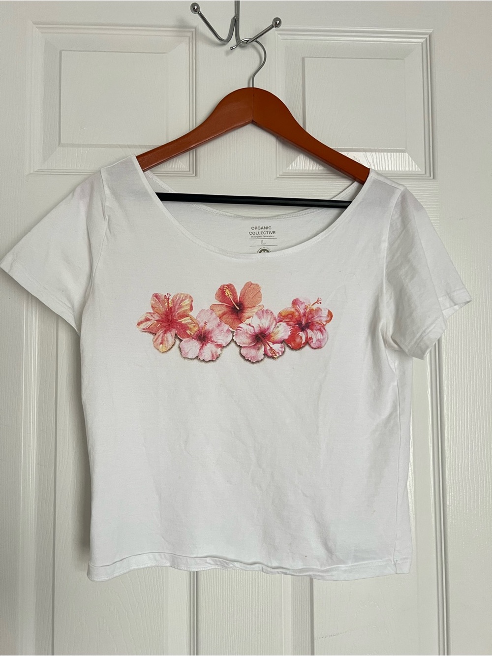 White Scoop Neck Tee with Pink Floral Graphic
